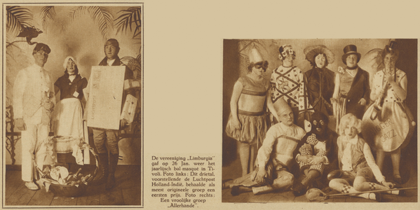 872405 Collage van 2 foto's betreffende het jaarlijkse bal-masqué van de Vereeniging Limburgia, georganiseerd in Tivoli ...
